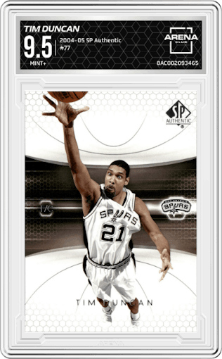 Tim Duncan from the 2004-05 Upper Deck SP Authentic set graded by Arena Club and given an overall grade of 9.5.