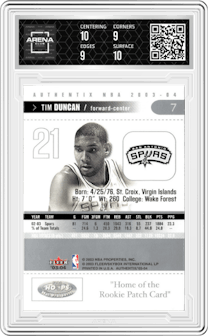 Tim Duncan from the 2003-04 Fleer Authentix set graded by Arena Club and given an overall grade of 9.5.