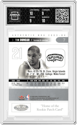 Tim Duncan from the 2003-04 Fleer Authentix set graded by Arena Club and given an overall grade of 9.5.