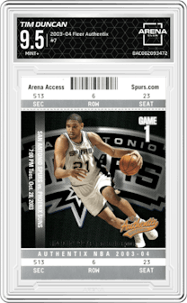 Tim Duncan from the 2003-04 Fleer Authentix set graded by Arena Club and given an overall grade of 9.5.