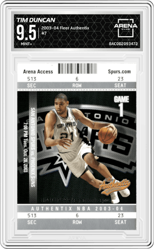 Tim Duncan from the 2003-04 Fleer Authentix set graded by Arena Club and given an overall grade of 9.5.