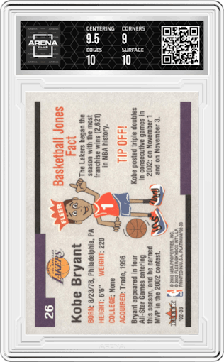 Kobe Bryant from the 2002-03 Fleer Platinum set graded by Arena Club and given an overall grade of 9.5.