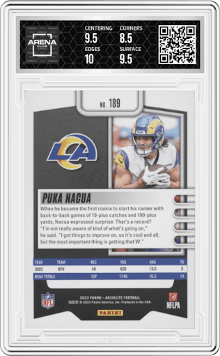 Puka Nacua from the 2023 Panini Absolute set graded by Arena Club and given an overall grade of 9.