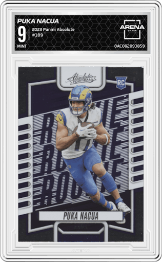Puka Nacua from the 2023 Panini Absolute set graded by Arena Club and given an overall grade of 9.