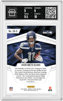 Jaxon Smith-Njigba from the 2023 Panini Rookies & Stars set featuring a Silver parallel graded by Arena Club and given an overall grade of 9.5.