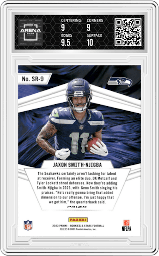 Jaxon Smith-Njigba from the 2023 Panini Rookies & Stars set featuring a Silver parallel graded by Arena Club and given an overall grade of 9.5.