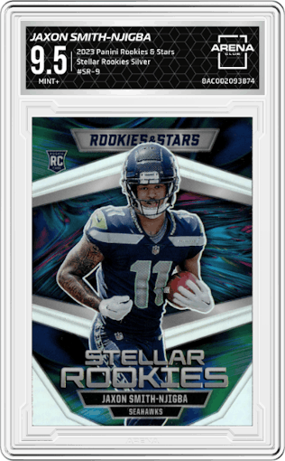 Jaxon Smith-Njigba from the 2023 Panini Rookies & Stars set featuring a Silver parallel graded by Arena Club and given an overall grade of 9.5.