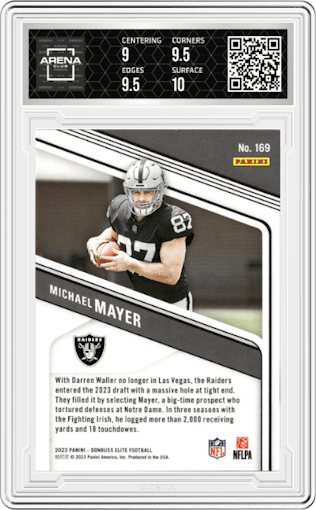 Michael Mayer from the 2023 Panini Donruss Elite set featuring a Black parallel graded by Arena Club and given an overall grade of 9.5.