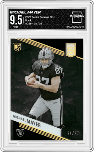 Michael Mayer from the 2023 Panini Donruss Elite set featuring a Black parallel graded by Arena Club and given an overall grade of 9.5.