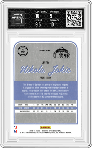 Nikola Jokic from the 2016-17 Panini Donruss Optic set featuring a Purple parallel graded by Arena Club and given an overall grade of 9.5.