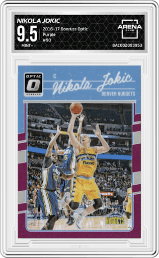 Nikola Jokic from the 2016-17 Panini Donruss Optic set featuring a Purple parallel graded by Arena Club and given an overall grade of 9.5.
