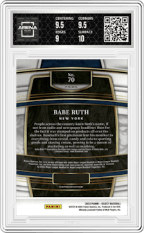 Babe Ruth from the 2022 Panini Select set featuring a Scope parallel graded by Arena Club and given an overall grade of 9.5.