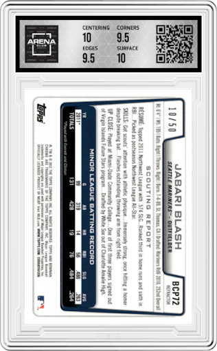 Jabari Blash from the 2012 Bowman set featuring a Gold Refractor	 parallel graded by Arena Club and given an overall grade of 10.