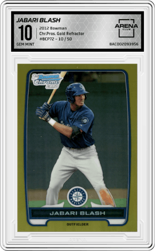 Jabari Blash from the 2012 Bowman set featuring a Gold Refractor	 parallel graded by Arena Club and given an overall grade of 10.