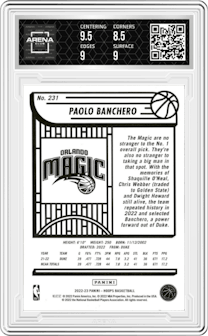Paolo Banchero from the 2022-23 Panini NBA Hoops set featuring a Blue parallel graded by Arena Club and given an overall grade of 9.