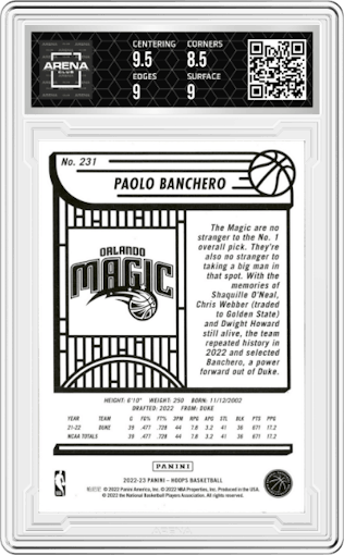 Paolo Banchero from the 2022-23 Panini NBA Hoops set featuring a Blue parallel graded by Arena Club and given an overall grade of 9.