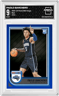 Paolo Banchero from the 2022-23 Panini NBA Hoops set featuring a Blue parallel graded by Arena Club and given an overall grade of 9.