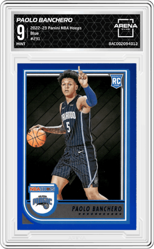 Paolo Banchero from the 2022-23 Panini NBA Hoops set featuring a Blue parallel graded by Arena Club and given an overall grade of 9.