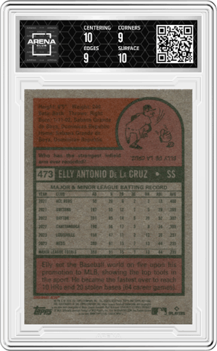 Elly De La Cruz from the 2024 Topps Heritage set graded by Arena Club and given an overall grade of 9.5.