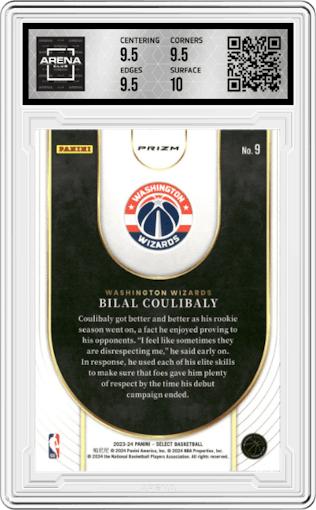 Bilal Coulibaly from the 2023-24 Panini Select  set featuring a Silver Prizm parallel graded by Arena Club and given an overall grade of 10.