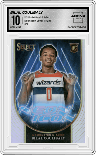 Bilal Coulibaly from the 2023-24 Panini Select  set featuring a Silver Prizm parallel graded by Arena Club and given an overall grade of 10.