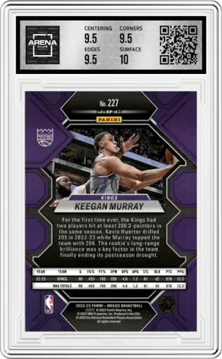 Keegan Murray from the 2022-23 Panini Mosaic set featuring a Mosaic parallel graded by Arena Club and given an overall grade of 10.
