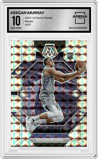 Keegan Murray from the 2022-23 Panini Mosaic set featuring a Mosaic parallel graded by Arena Club and given an overall grade of 10.