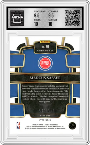 Marcus Sasser from the 2023-24 Panini Select  set featuring a Red Prizm parallel graded by Arena Club and given an overall grade of 10.