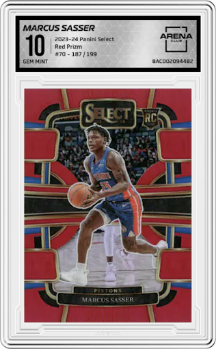 Marcus Sasser from the 2023-24 Panini Select  set featuring a Red Prizm parallel graded by Arena Club and given an overall grade of 10.