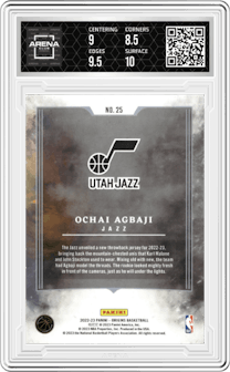 Ochai Agbaji from the 2022-23 Panini Origins set featuring a Turquoise parallel graded by Arena Club and given an overall grade of 9.