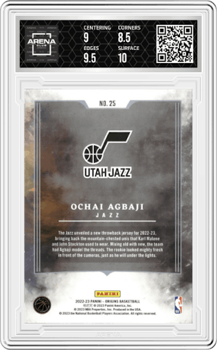 Ochai Agbaji from the 2022-23 Panini Origins set featuring a Turquoise parallel graded by Arena Club and given an overall grade of 9.