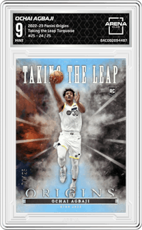 Ochai Agbaji from the 2022-23 Panini Origins set featuring a Turquoise parallel graded by Arena Club and given an overall grade of 9.