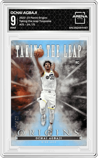 Ochai Agbaji from the 2022-23 Panini Origins set featuring a Turquoise parallel graded by Arena Club and given an overall grade of 9.