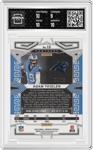 Adam Thielen from the 2023 Panini Obsidian set featuring a EE Purple Flood FOTL  parallel graded by Arena Club and given an overall grade of 9.5.