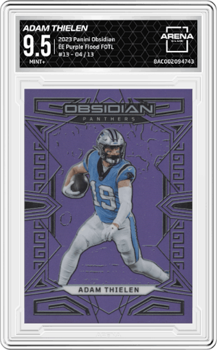Adam Thielen from the 2023 Panini Obsidian set featuring a EE Purple Flood FOTL  parallel graded by Arena Club and given an overall grade of 9.5.