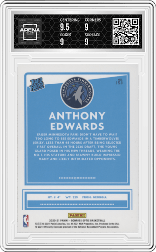 Anthony Edwards from the 2020-21 Panini Donruss Optic set graded by Arena Club and given an overall grade of 9.