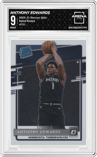Anthony Edwards from the 2020-21 Panini Donruss Optic set graded by Arena Club and given an overall grade of 9.