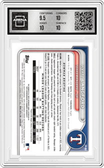Wyatt Langford from the 2024 Bowman set featuring a Orange Shimmer Refractor parallel graded by Arena Club and given an overall grade of 10.