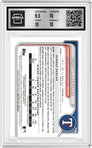 Wyatt Langford from the 2024 Bowman set featuring a Orange Shimmer Refractor parallel graded by Arena Club and given an overall grade of 10.