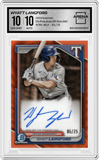 Wyatt Langford from the 2024 Bowman set featuring a Orange Shimmer Refractor parallel graded by Arena Club and given an overall grade of 10.