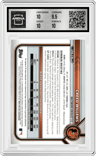 Creed Willems from the 2022 Bowman set featuring a Gold Refractor  parallel graded by Arena Club and given an overall grade of 10.