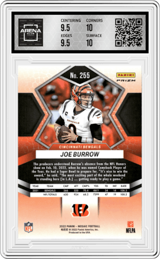 Joe Burrow from the 2022 Panini Mosaic set featuring a Genesis parallel graded by Arena Club and given an overall grade of 10.