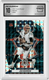 Joe Burrow from the 2022 Panini Mosaic set featuring a Genesis parallel graded by Arena Club and given an overall grade of 10.
