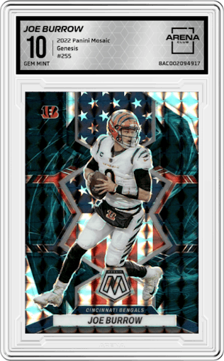 Joe Burrow from the 2022 Panini Mosaic set featuring a Genesis parallel graded by Arena Club and given an overall grade of 10.