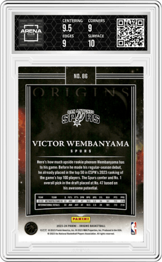 Victor Wembanyama from the 2023-24 Panini Origins set featuring a Red parallel graded by Arena Club and given an overall grade of 9.5.