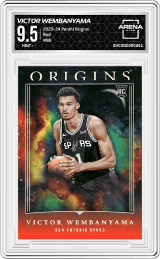 Victor Wembanyama from the 2023-24 Panini Origins set featuring a Red parallel graded by Arena Club and given an overall grade of 9.5.