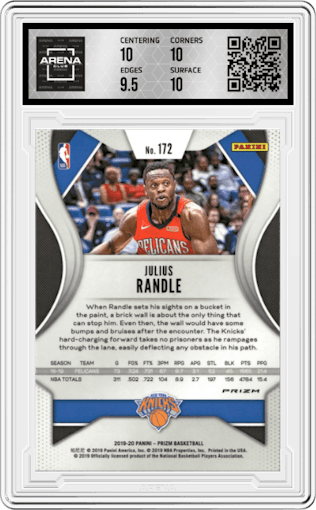 Julius Randle from the 2019-20 Panini Prizm set featuring a Choice Tiger Stripe parallel graded by Arena Club and given an overall grade of 10.