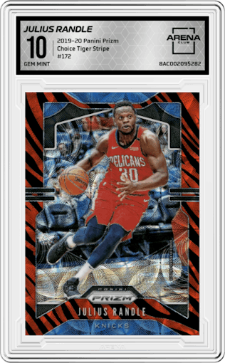 Julius Randle from the 2019-20 Panini Prizm set featuring a Choice Tiger Stripe parallel graded by Arena Club and given an overall grade of 10.
