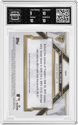 Freddie Freeman from the 2021 Topps Triple Threads set graded by Arena Club and given an overall grade of 9.5.