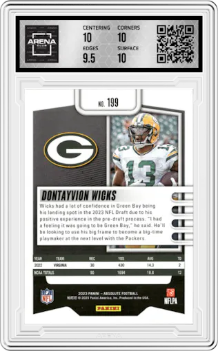  Dontayvion Wicks  from the 2023 Panini Absolute set featuring a Gold Stars parallel graded by Arena Club and given an overall grade of 10.